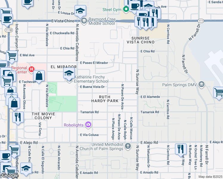 map of restaurants, bars, coffee shops, grocery stores, and more near 1225 East Buena Vista Drive in Palm Springs