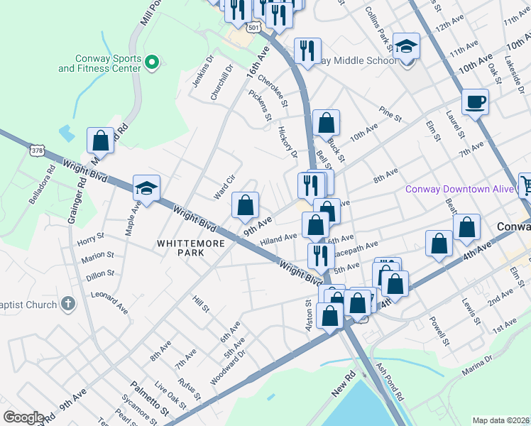 map of restaurants, bars, coffee shops, grocery stores, and more near 915 Tin Top Alley in Conway