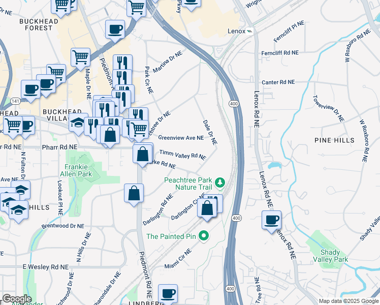 map of restaurants, bars, coffee shops, grocery stores, and more near 662 Timm Valley Road Northeast in Atlanta