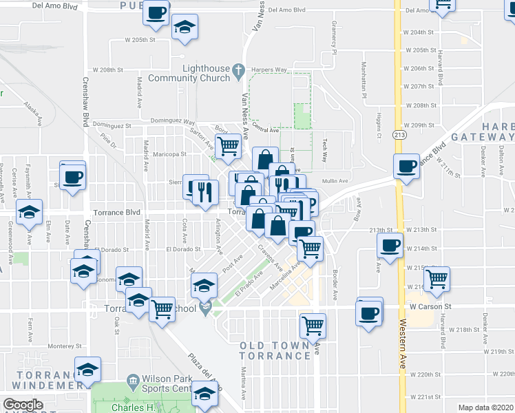 map of restaurants, bars, coffee shops, grocery stores, and more near 2055 Torrance Boulevard in Torrance