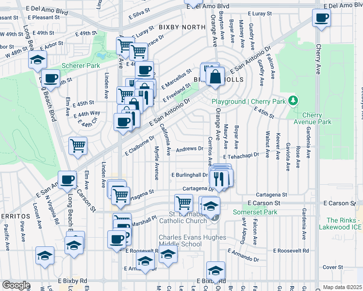 map of restaurants, bars, coffee shops, grocery stores, and more near 1031 Andrews Drive in Long Beach