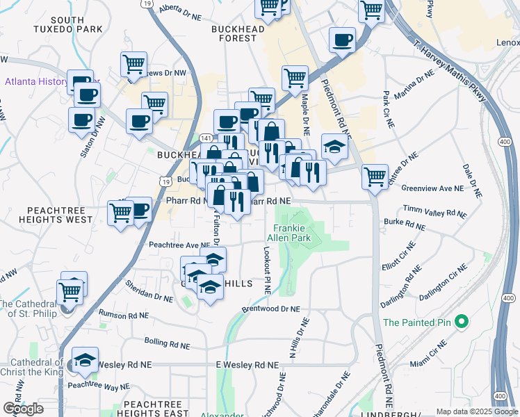 map of restaurants, bars, coffee shops, grocery stores, and more near 395 Pharr Road Northeast in Atlanta