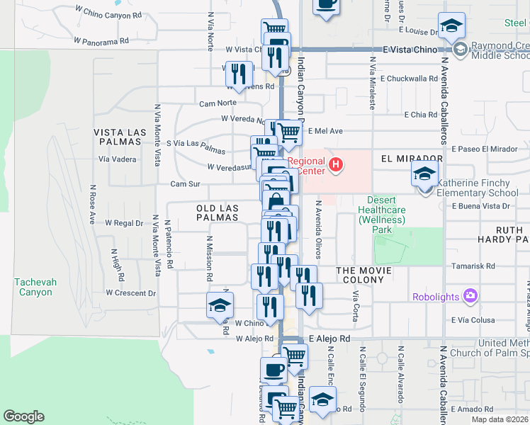 map of restaurants, bars, coffee shops, grocery stores, and more near 197 West Vía Lola in Palm Springs