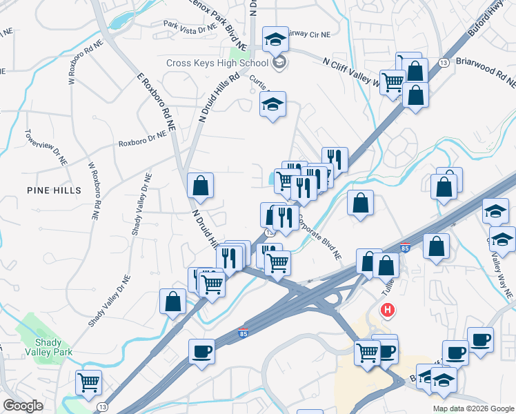 map of restaurants, bars, coffee shops, grocery stores, and more near 50 Lincoln Court Avenue Northeast in Atlanta
