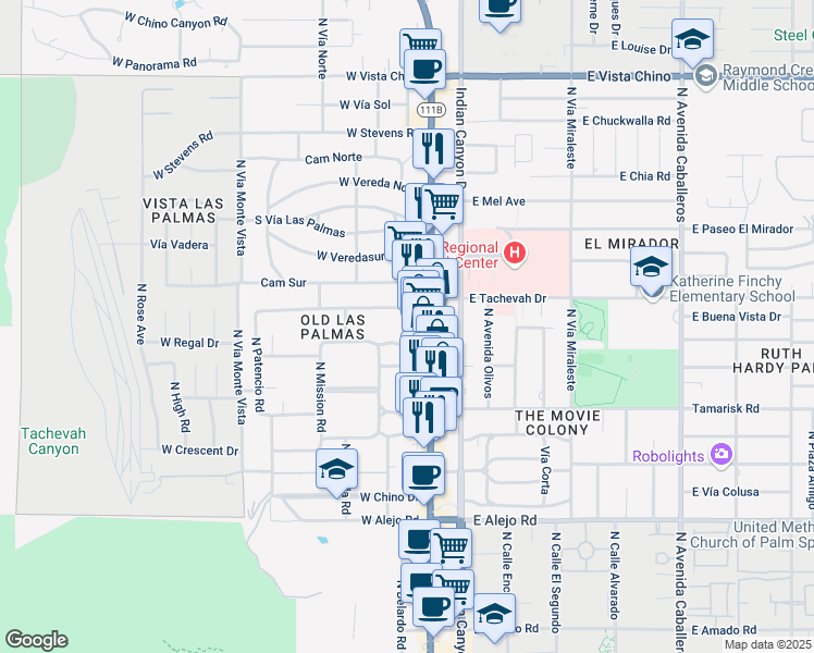 map of restaurants, bars, coffee shops, grocery stores, and more near 197 West Vía Lola in Palm Springs