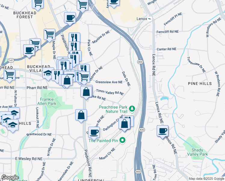 map of restaurants, bars, coffee shops, grocery stores, and more near 656 Timm Valley Road Northeast in Atlanta