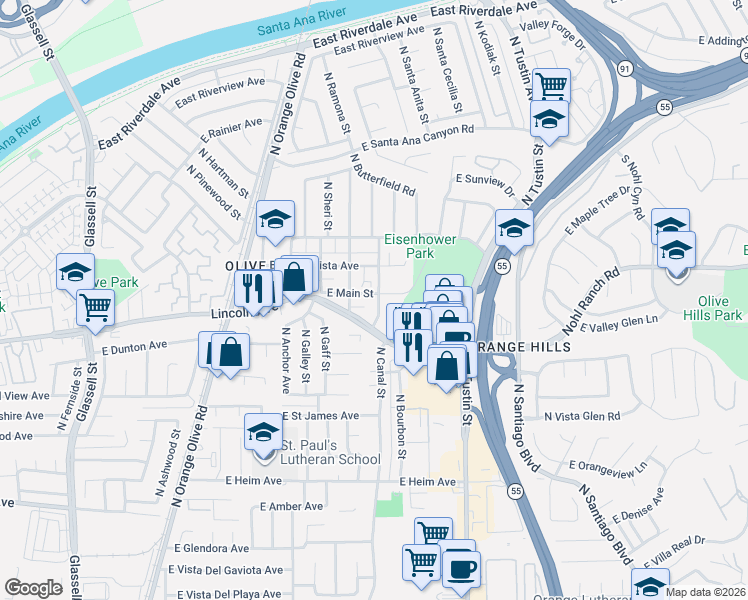 map of restaurants, bars, coffee shops, grocery stores, and more near 16732 East Main Street in Orange