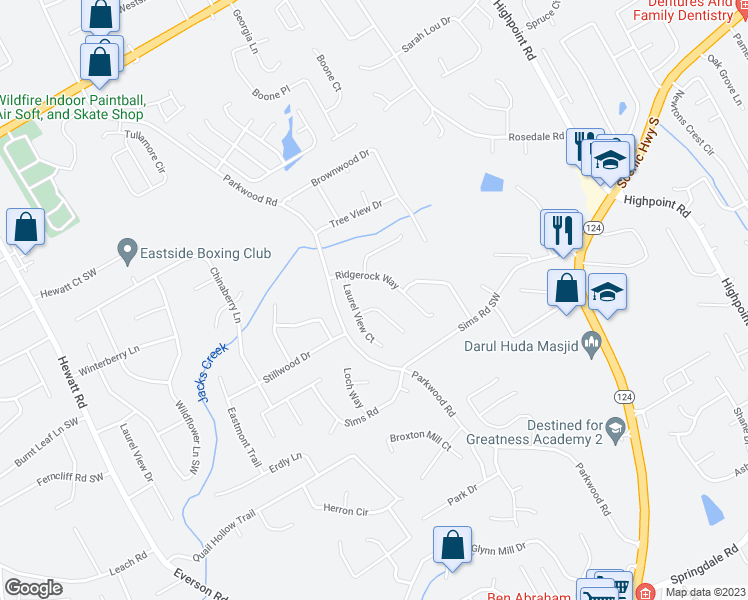 map of restaurants, bars, coffee shops, grocery stores, and more near 3349 Woodrock Lane in Snellville