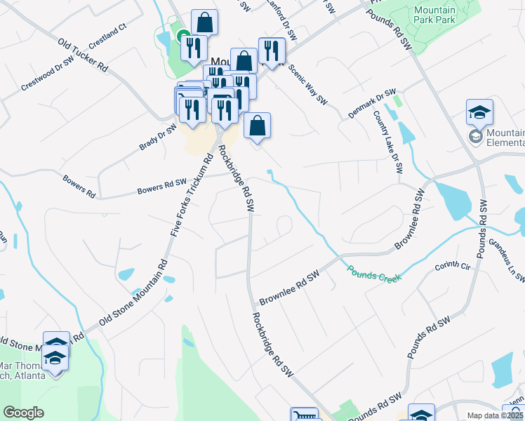 map of restaurants, bars, coffee shops, grocery stores, and more near 1408 Rockbridge Road Southwest in Stone Mountain