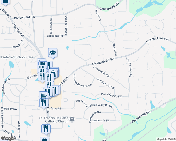 map of restaurants, bars, coffee shops, grocery stores, and more near 707 Shannon Green Circle Southwest in Mableton