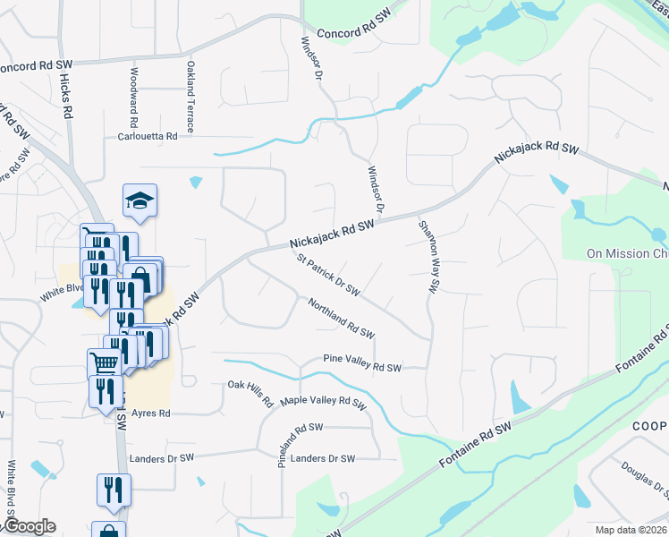 map of restaurants, bars, coffee shops, grocery stores, and more near 4925 Olaughlin Court Southwest in Mableton