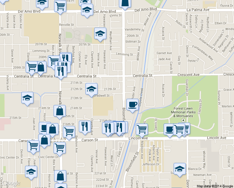 map of restaurants, bars, coffee shops, grocery stores, and more near 12518 212th Street in Lakewood