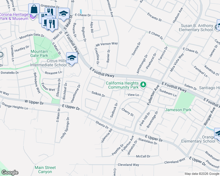 map of restaurants, bars, coffee shops, grocery stores, and more near 3347 Chiltern Way in Corona