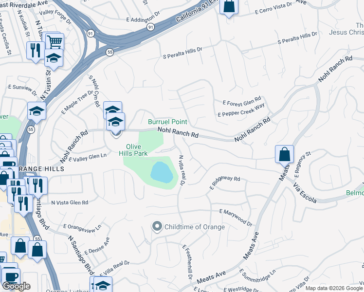 map of restaurants, bars, coffee shops, grocery stores, and more near 505 South Villa Real Drive in Anaheim