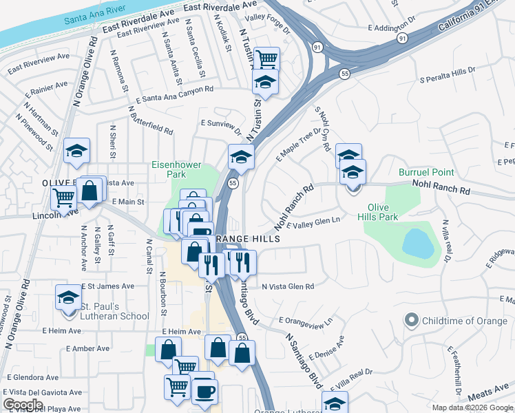 map of restaurants, bars, coffee shops, grocery stores, and more near 2891 North Shady Glen Lane in Orange