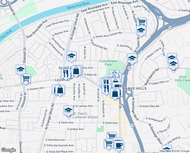 map of restaurants, bars, coffee shops, grocery stores, and more near 16737 East Main Street in Orange