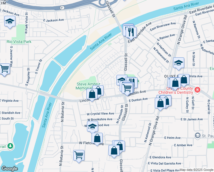 map of restaurants, bars, coffee shops, grocery stores, and more near 447 West Linden Drive in Orange
