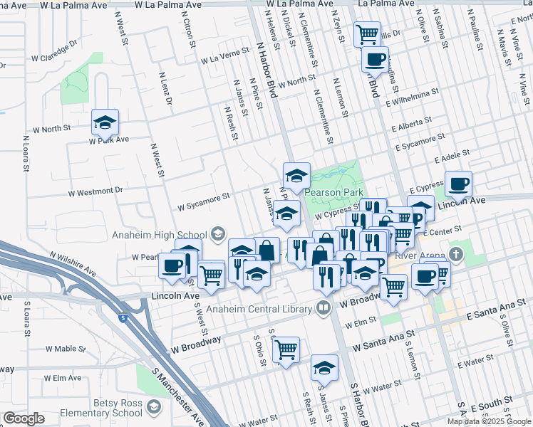 map of restaurants, bars, coffee shops, grocery stores, and more near 326 North Janss Street in Anaheim