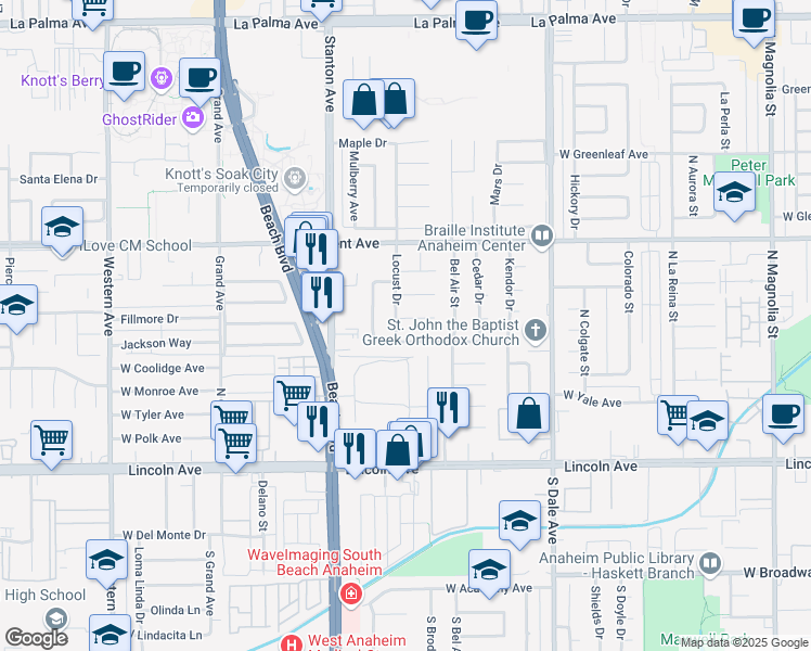 map of restaurants, bars, coffee shops, grocery stores, and more near 8201 Pepper Circle in Buena Park