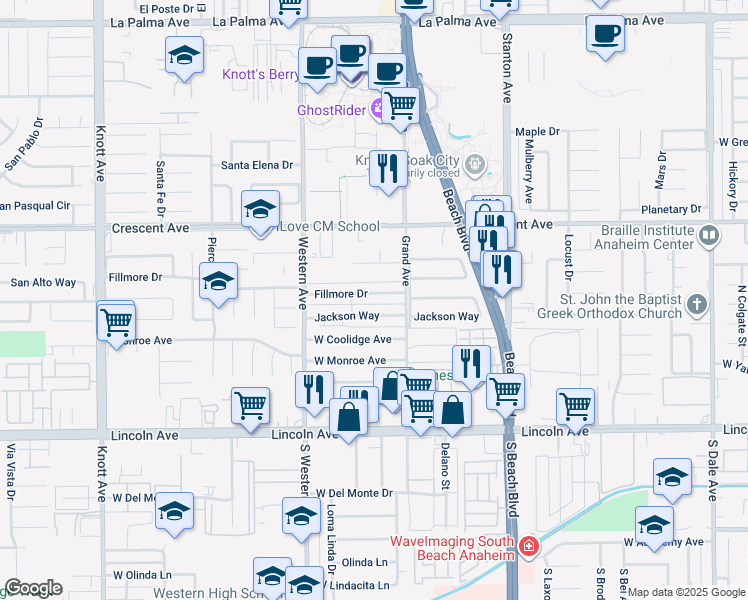 map of restaurants, bars, coffee shops, grocery stores, and more near 7685 Fillmore Drive in Buena Park