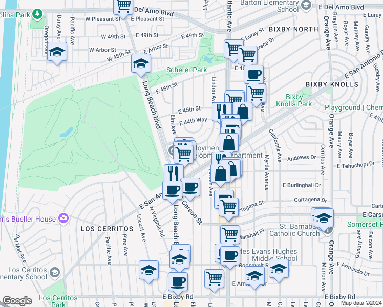 map of restaurants, bars, coffee shops, grocery stores, and more near 404 East Freeland Street in Long Beach