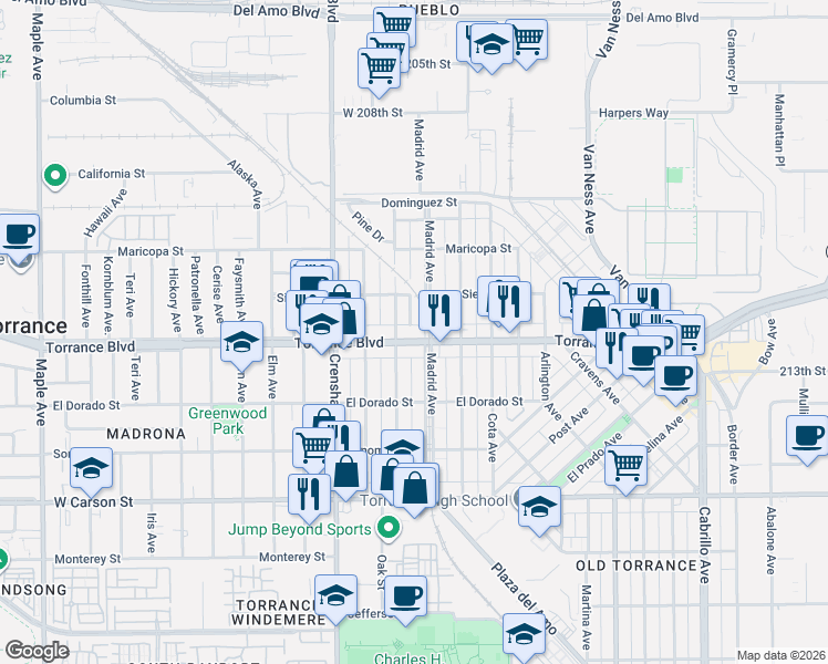 map of restaurants, bars, coffee shops, grocery stores, and more near 1104 Acacia Avenue in Torrance