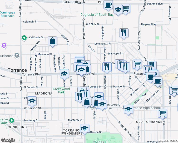 map of restaurants, bars, coffee shops, grocery stores, and more near 1027 Beech Avenue in Torrance