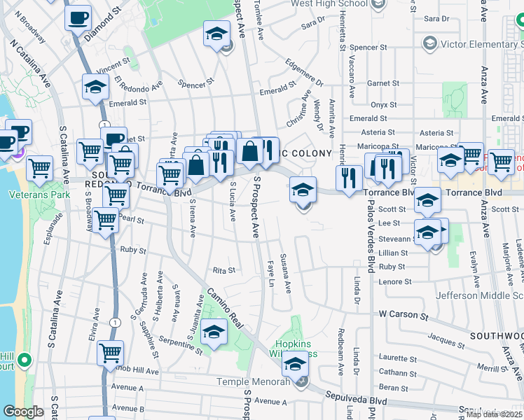 map of restaurants, bars, coffee shops, grocery stores, and more near 1102 Opal Street in Redondo Beach