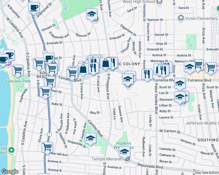 map of restaurants, bars, coffee shops, grocery stores, and more near 1108 Opal Street in Redondo Beach
