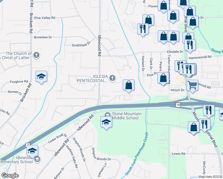 map of restaurants, bars, coffee shops, grocery stores, and more near 4335 Bridle Path Court in Tucker