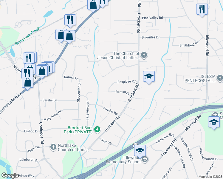 map of restaurants, bars, coffee shops, grocery stores, and more near 3947 Foxglove Road in Tucker