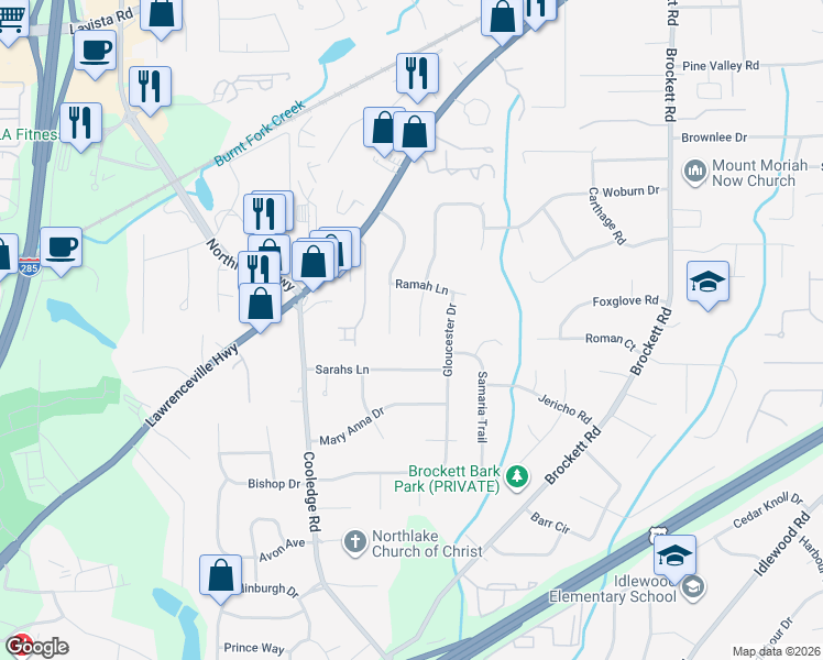 map of restaurants, bars, coffee shops, grocery stores, and more near 1853 Hebron Hills Drive in Tucker