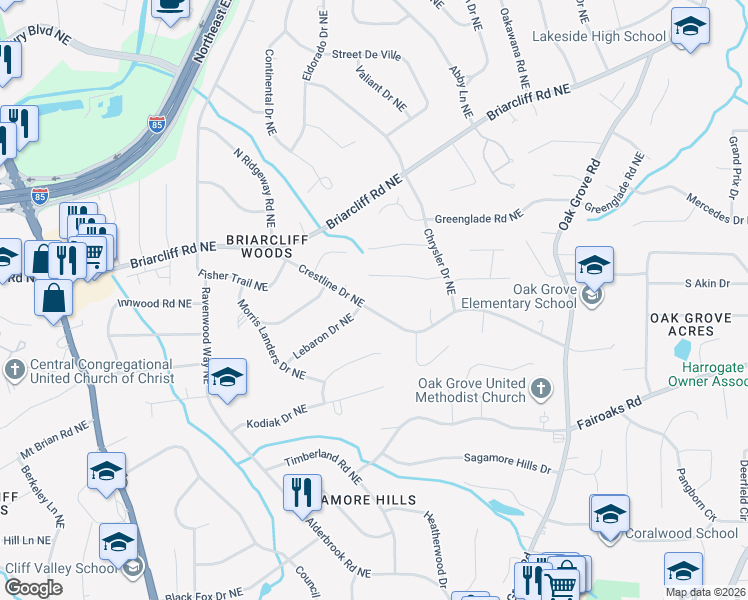 map of restaurants, bars, coffee shops, grocery stores, and more near 1775 Crestline Drive Northeast in Atlanta
