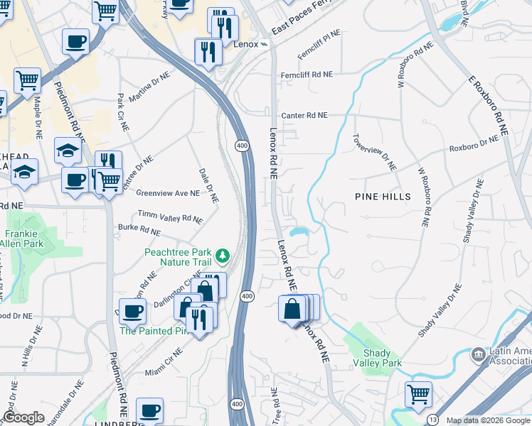 map of restaurants, bars, coffee shops, grocery stores, and more near 3039 Stone Gate Drive in Atlanta