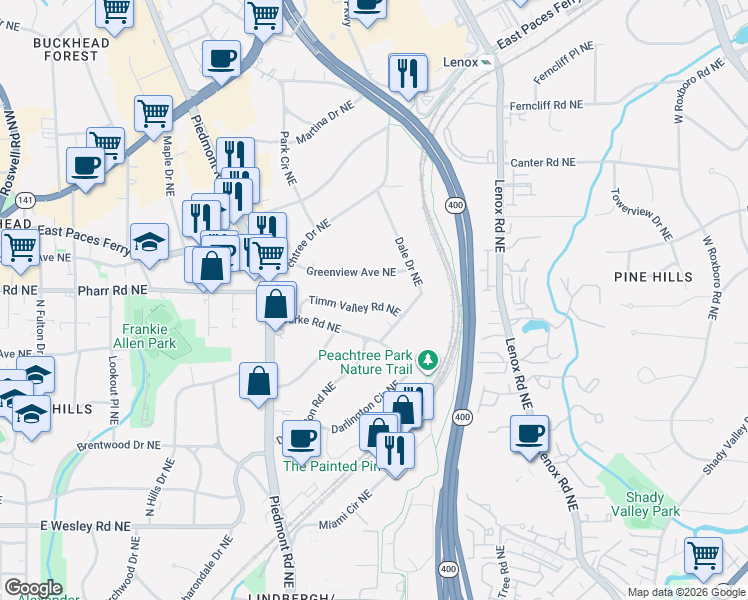 map of restaurants, bars, coffee shops, grocery stores, and more near 672 Timm Valley Road Northeast in Atlanta