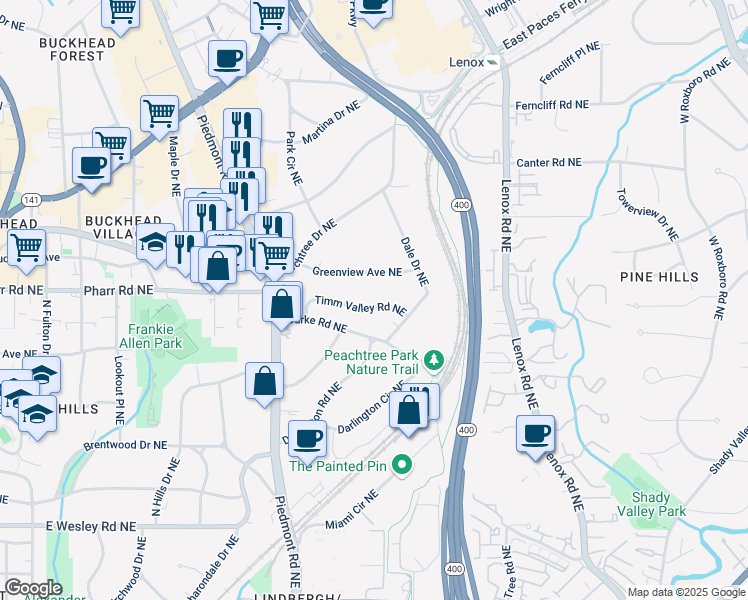 map of restaurants, bars, coffee shops, grocery stores, and more near 660 Timm Valley Road Northeast in Atlanta