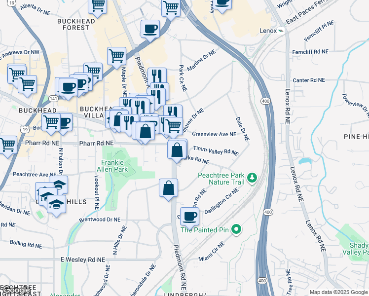 map of restaurants, bars, coffee shops, grocery stores, and more near 3003 Piedmont Road Northeast in Atlanta