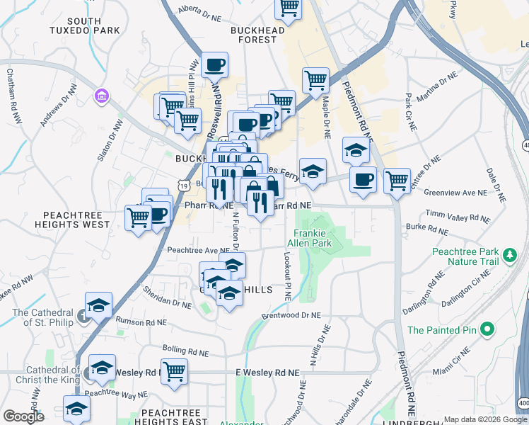 map of restaurants, bars, coffee shops, grocery stores, and more near 344 Pharr Road Northeast in Atlanta