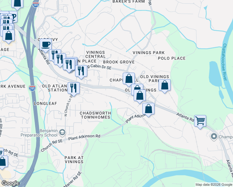 map of restaurants, bars, coffee shops, grocery stores, and more near 4770 S Atlanta Rd SE in Smyrna