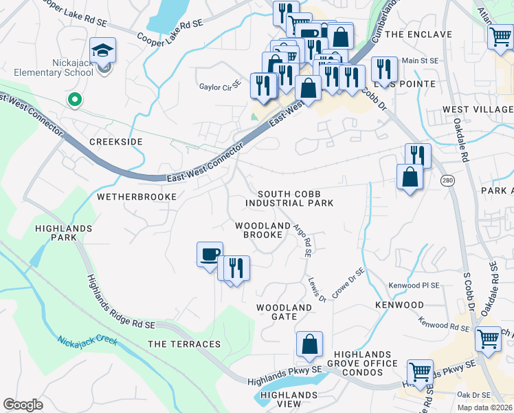 map of restaurants, bars, coffee shops, grocery stores, and more near 1641 Omara Lane Southeast in Smyrna