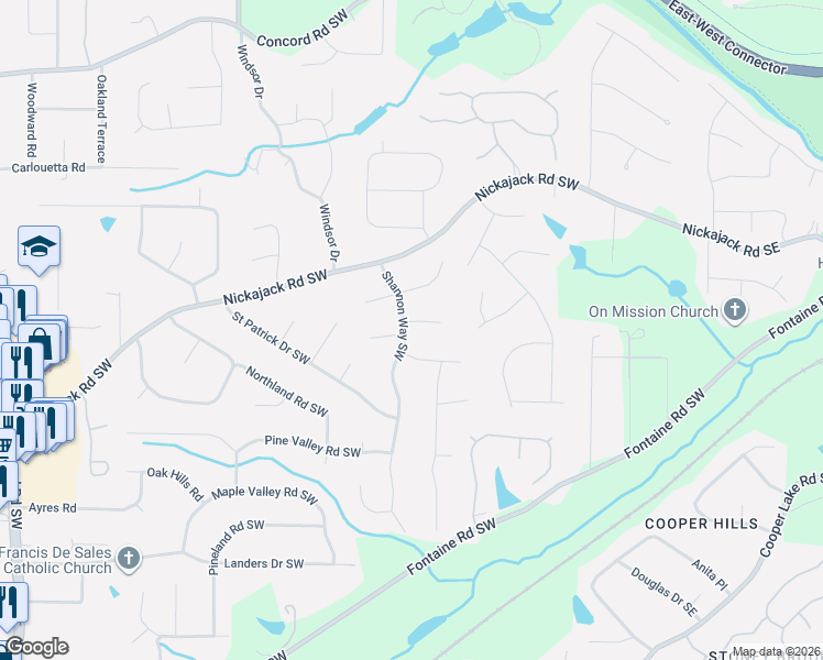 map of restaurants, bars, coffee shops, grocery stores, and more near 4970 Shannon Way Southwest in Mableton