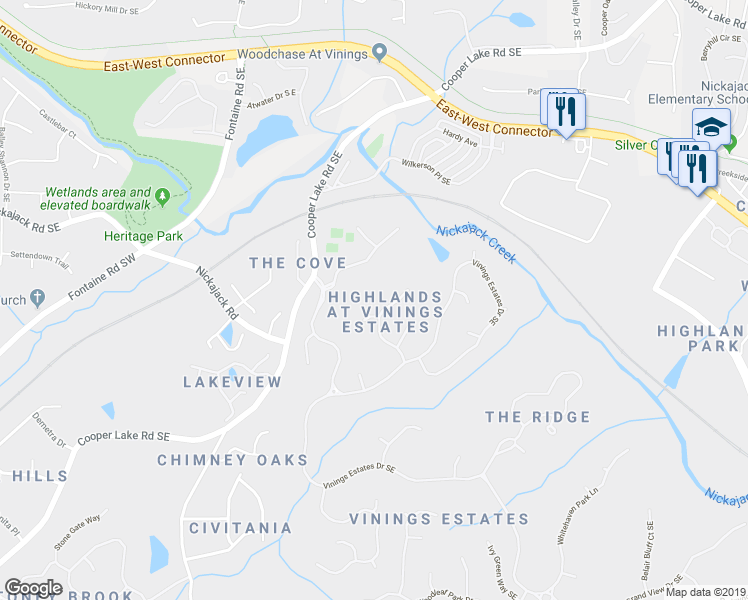 map of restaurants, bars, coffee shops, grocery stores, and more near 4974 Highland Oaks Way in Mableton