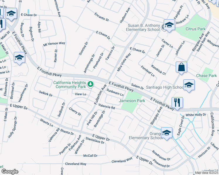 map of restaurants, bars, coffee shops, grocery stores, and more near 1008 Aurora Lane in Corona