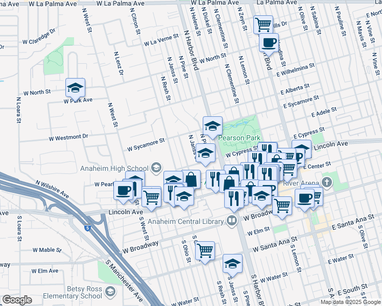 map of restaurants, bars, coffee shops, grocery stores, and more near 323 North Janss Street in Anaheim