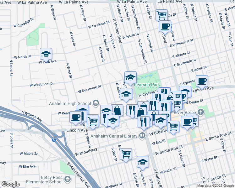 map of restaurants, bars, coffee shops, grocery stores, and more near 323 North Janss Street in Anaheim