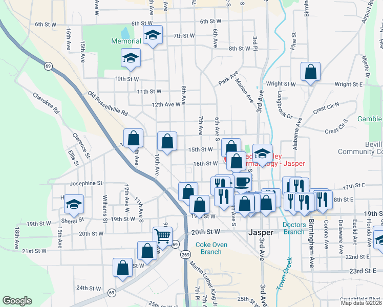 map of restaurants, bars, coffee shops, grocery stores, and more near 709 15th Street West in Jasper