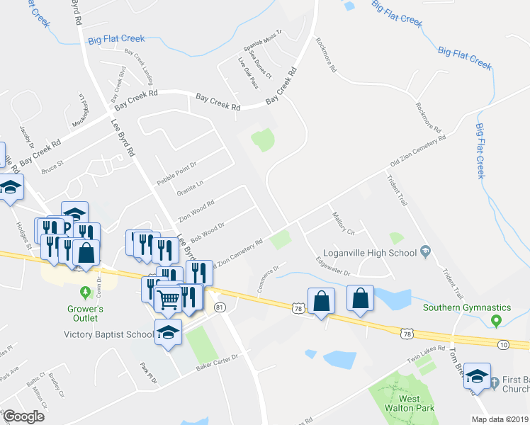 map of restaurants, bars, coffee shops, grocery stores, and more near 284 Zion Wood Road in Loganville
