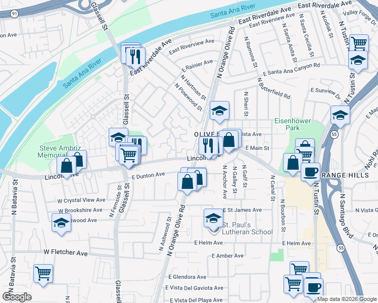 map of restaurants, bars, coffee shops, grocery stores, and more near 2855 North Cottonwood Street in Orange