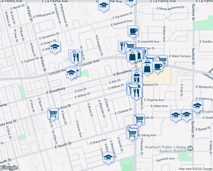 map of restaurants, bars, coffee shops, grocery stores, and more near 1627 East Elm Street in Anaheim