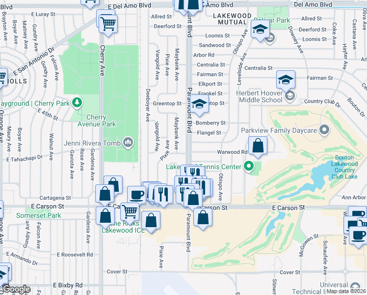 map of restaurants, bars, coffee shops, grocery stores, and more near 4323 Maybank Avenue in Lakewood